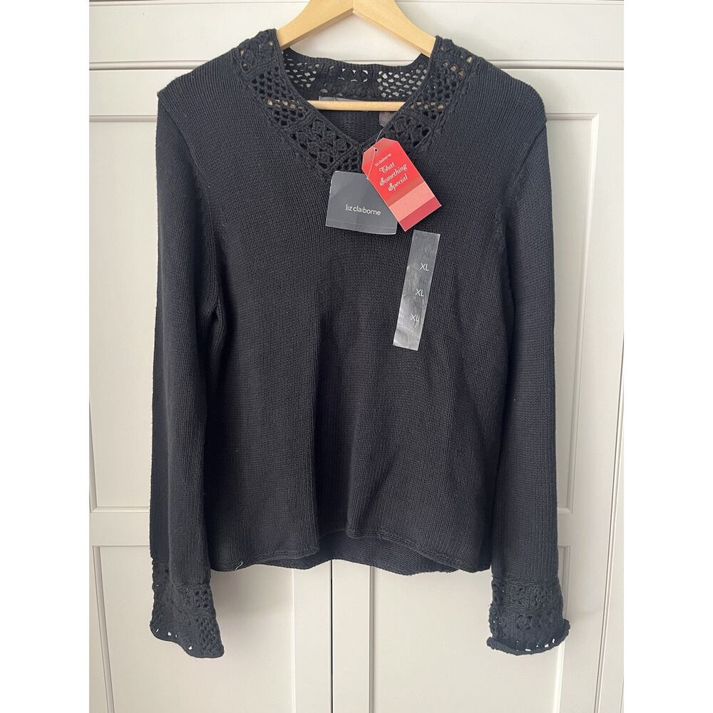 Liz Claiborne women’s V-neck sweater crochet accent XL Lcotton blend black NWT
